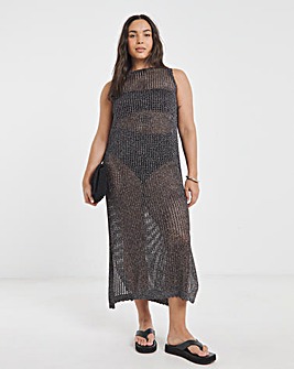 Black Metallic Hole Knit Crochet Midaxi Dress