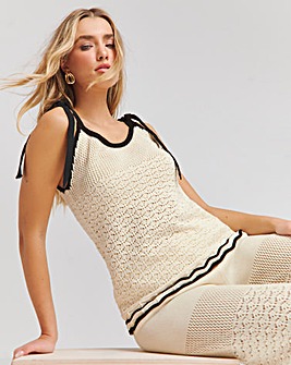 Cream Contrast Tie Shoulder Crochet Cami