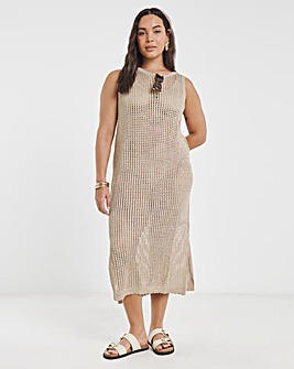 Gold Metallic Hole Knit Crochet Midaxi Dress