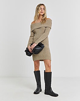 Taupe Rib Bardot Knitted Mini Dress