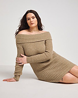 Taupe Rib Bardot Knitted Mini Dress