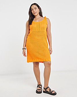 Orange Tie Shoulder Crochet Look Mini Dress