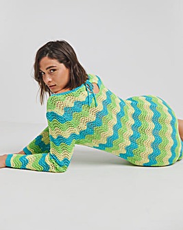 Colourful Crochet Look Wave Stitch Tie Back Knitted Mini Dress