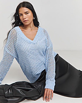 Blue Twist Open Knit V Neck Slouchy Longline Jumper