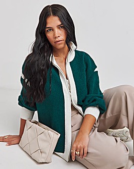 Green Colour Block Knitted Bomber Jacket