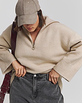 Oatmeal Zip Neck Longline Jumper