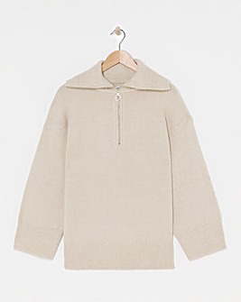 Oatmeal Zip Neck Longline Jumper