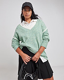 Green Contrast Tipped V Neck Longline Jumper