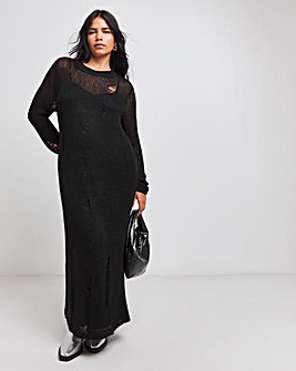 Black Crew Neck Ladder Knitted Dress