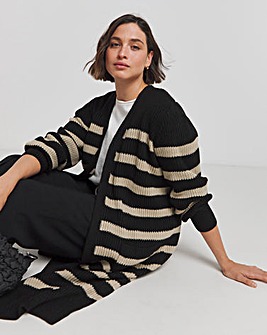 Black And Camel Stripe Fisherman Rib Cardigan