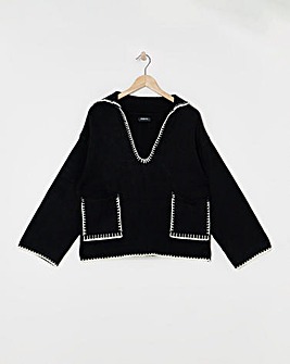 Black Blanket Stitch Pocket Collar Jumper