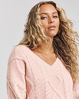 Pink V Neck Cable Knit Jumper