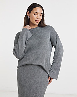 Gunmetal Metallic Rib Fluted Sleeve Jumper