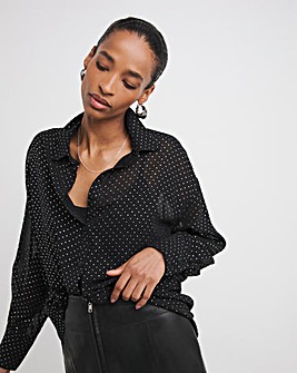 Womens Metallic Spot Chiffon Oversized Long Sleeve Shirt - Black