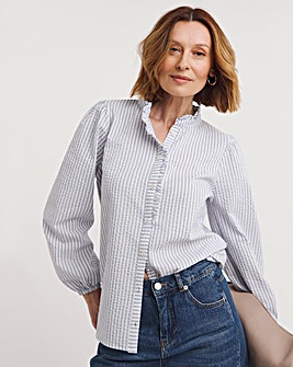 Womens Seersucker Frill Detail Long Sleeve Blouse - Blue Stripe