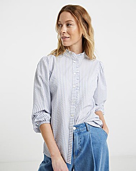 Womens Seersucker Frill Detail Long Sleeve Blouse - Blue Stripe