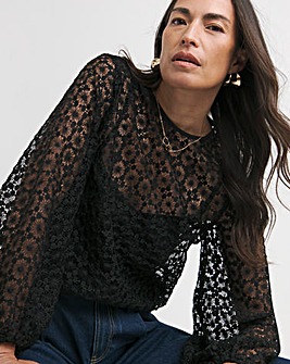 Womens Lace Bishop Sleeve Blouse - Black