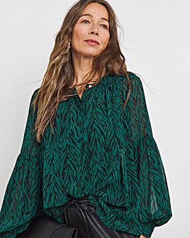 Womens Georgette Collarless Blouson Sleeve Blouse - Green Animal