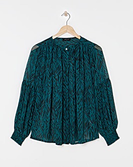 Womens Georgette Collarless Blouson Sleeve Blouse - Green Animal