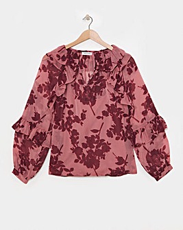 Womens Sheer Ruffle Detail Long Sleeve Blouse - Floral