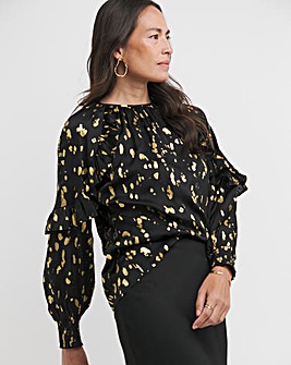 Womens Satin High Neck Ruffle Detail Raglan Sleeve Blouse - Gold Foil Print