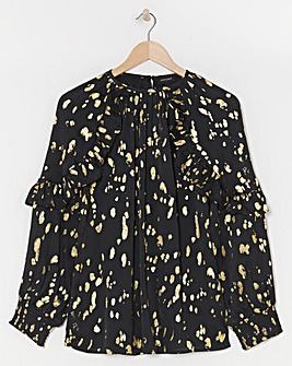 Womens Satin High Neck Ruffle Detail Raglan Sleeve Blouse - Gold Foil Print