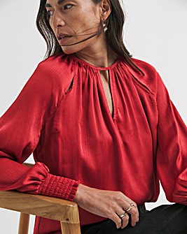 Womens Satin Cut Out Detail Long Sleeve Blouse - Red