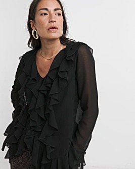 Womens Ruffle Romantic Long Sleeve Blouse - Black