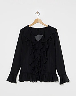 Womens Ruffle Romantic Long Sleeve Blouse - Black
