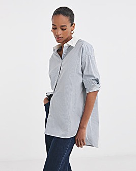 Womens Cotton Poplin Contrast Collar Oversized Shirt - Blue Stripe