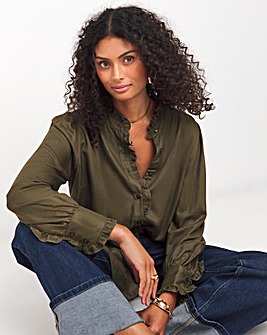 Womens Frill Detail Long Sleeve Blouse - Olive