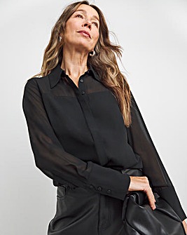 Womens Chiffon Mix Long Sleeve Shirt - Black