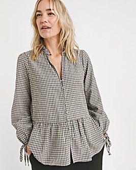 Womens Smock Frill Detail Button Through Blouse - Natural Check