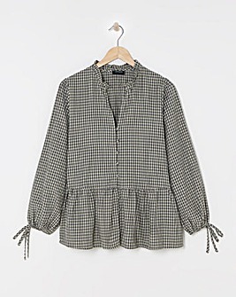 Womens Smock Frill Detail Button Through Blouse - Natural Check