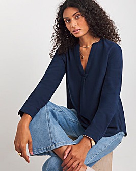 Womens Brushed Cotton V Neck Long Sleeve Blouse - Navy