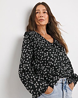 Womens Collar Detail Frill Button Through Blouse - Black Floral