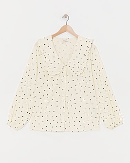 Womens Collar Detail Frill Button Through Blouse - Cream Spot