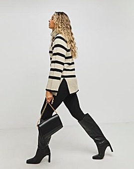 Beige and Black Stripe Roll Neck Jumper