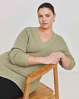 Sage Boucle V Neck Longline Jumper