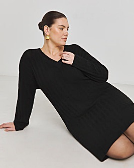 Black Rib Flute Sleeve V Neck Mini Dress