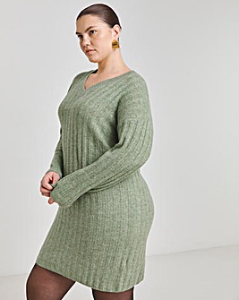 Sage Rib Flute Sleeve V Neck Mini Dress