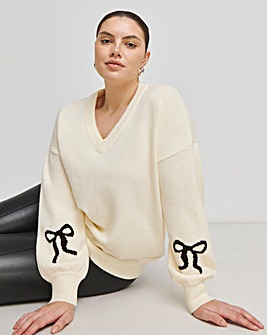 Cream Bow Sleeve V Neck Longline Jumper