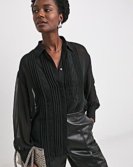 Lace Trim Chiffon Shirt - Black