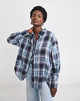 Womens Diamante Extreme Oversized Shirt - Blue Check