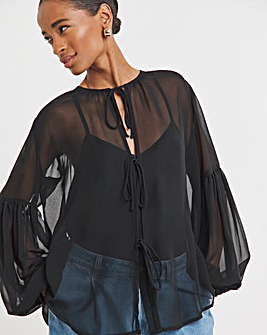 Womens Georgette Tie Detail Collarless Blouse - Black