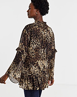 Womens Asymmetric Frill Long Sleeve Blouse - Blue Abstract