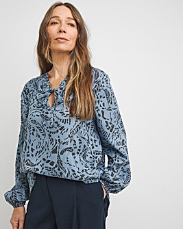 Tie Detail Ruched Long Sleeve Blouse - Blue Abstract