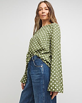 Crew Neck Flute Sleeve Top - Green Spot