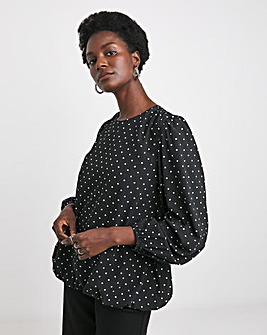 Crew Neck Blouson Sleeve Blouse - Black Spot