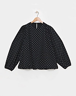 Crew Neck Blouson Sleeve Blouse - Black Spot